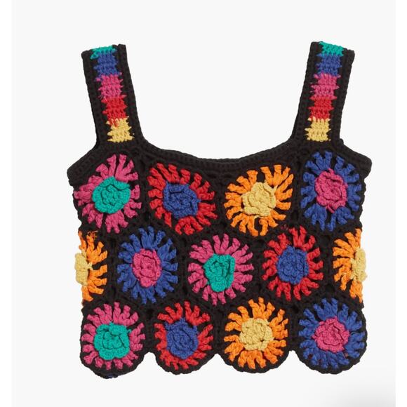 Farm Rio Floral Crochet Crop Top Multicolor Black Knit Boho Festival Tank Top - Picture 1 of 12